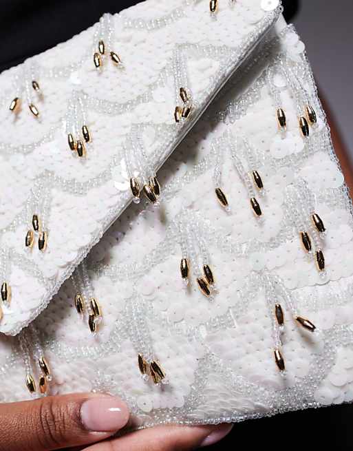 Asos True Decadence 3D Embellished Envelope Clutch Bag With Crossbody Strap In White And Silver