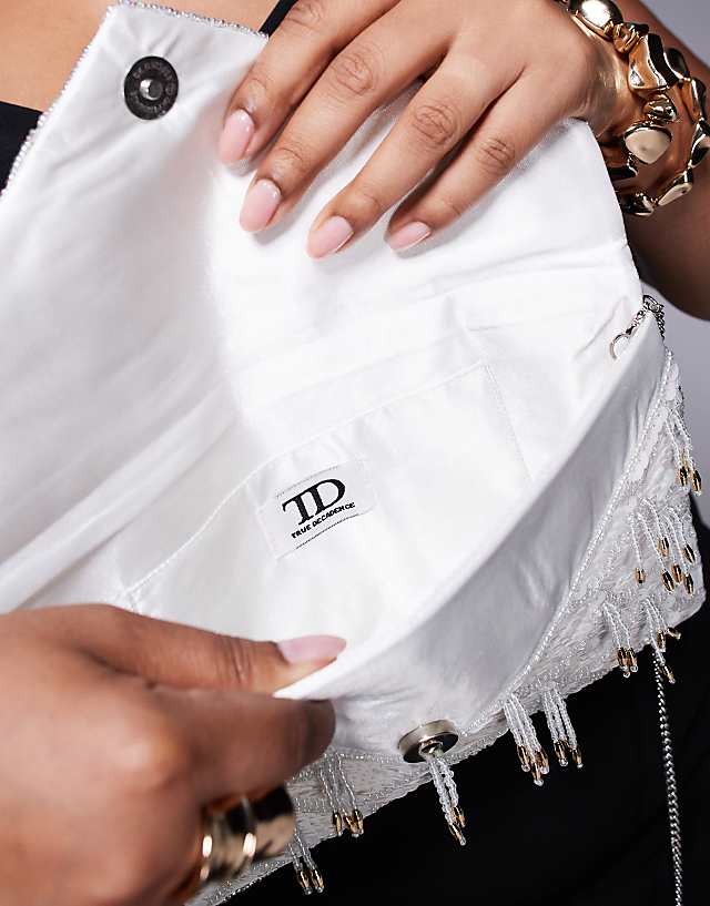 Asos True Decadence 3D Embellished Envelope Clutch Bag With Crossbody Strap In White And Silver