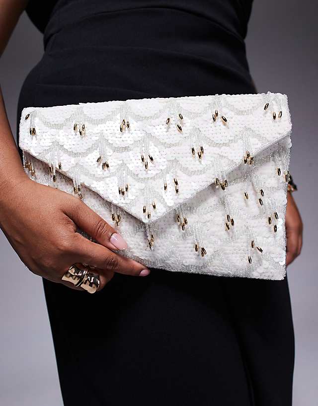 Asos True Decadence 3D Embellished Envelope Clutch Bag With Crossbody Strap In White And Silver