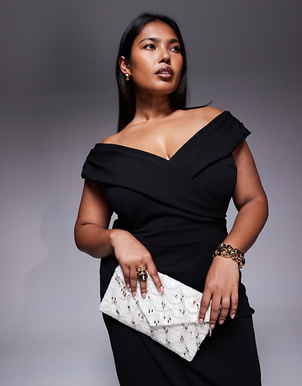 asos True Decadence 3D embellished envelope clutch bag with crossbody strap in white and silver