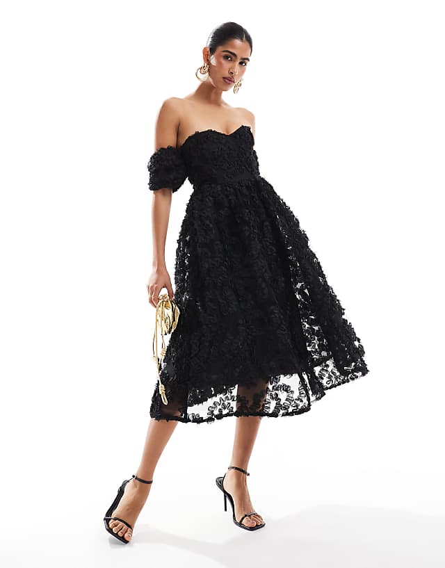 asos True Decadence Bardot bust cup midi dress in black