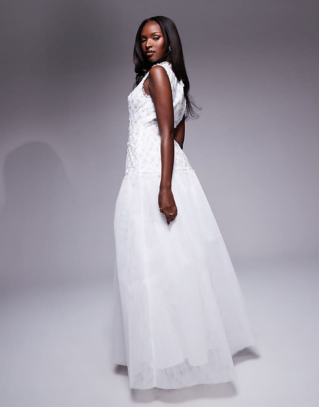 Asos True Decadence Dropped Waist Maxi Dress In White Beaded Floral
