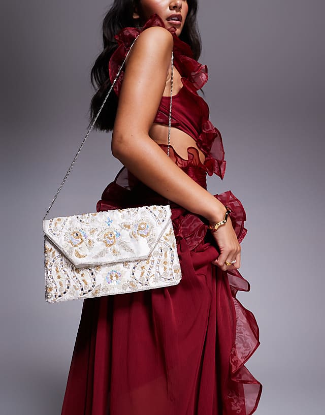 Asos True Decadence Patterned Sequin Envelope Clutch Bag In Gold And White