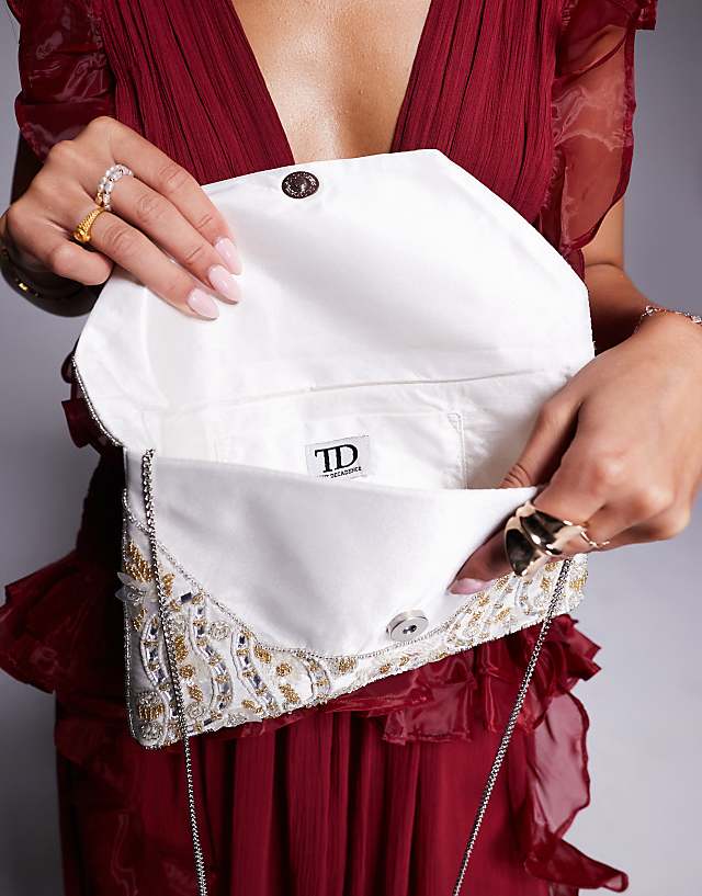 Asos True Decadence Patterned Sequin Envelope Clutch Bag In Gold And White