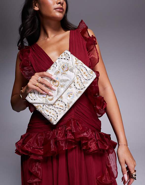 asos True Decadence patterned sequin envelope clutch bag in gold and white