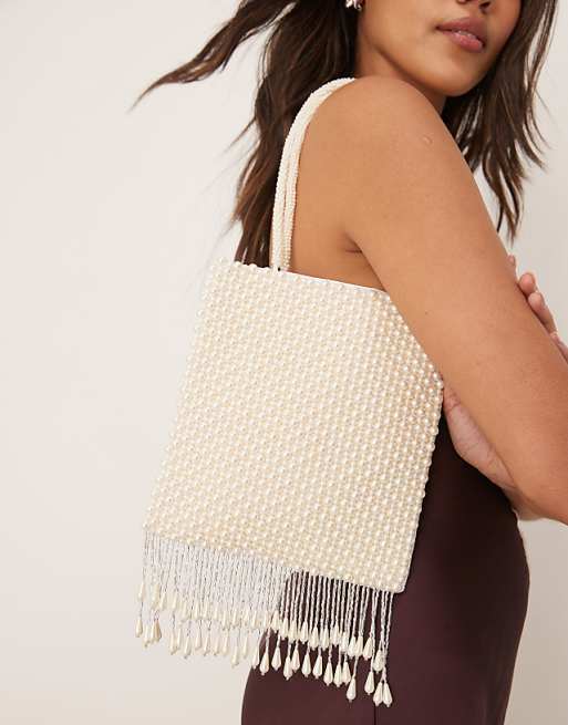 Asos True Decadence Pearl Beaded Bag With Tassle In White