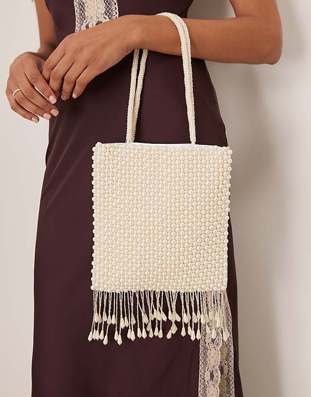 asos True Decadence pearl beaded bag with tassle in white