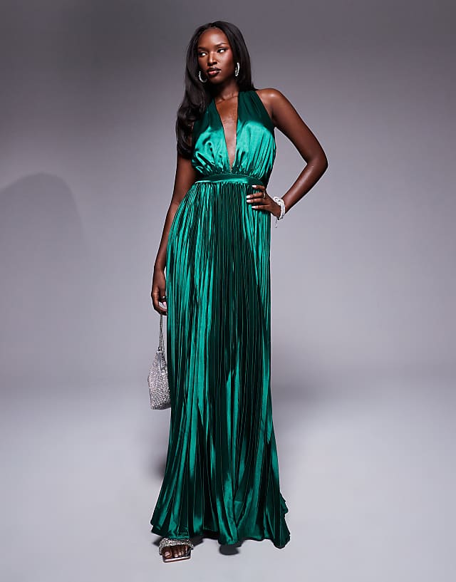 asos True Decadence Pleated halterneck maxi dress in emerald green