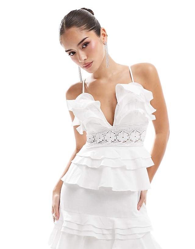 Asos True Decadence Plunge Front Tiered Ruffle Maxi-dress In White