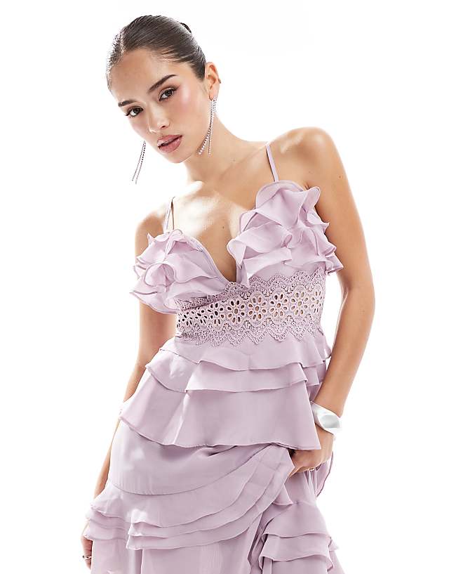 Asos True Decadence Plunge Front Tiered Ruffle Maxi-dress In Dusty Lilac