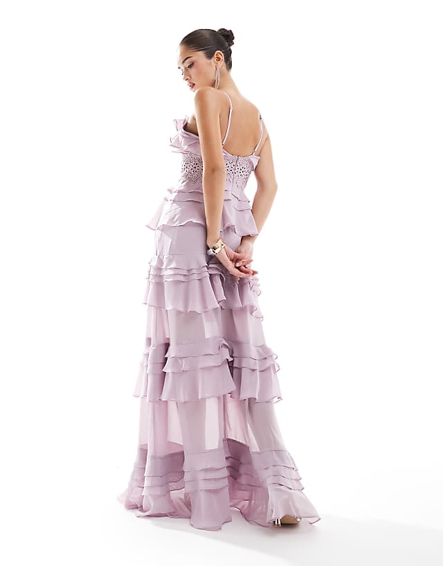 Asos True Decadence Plunge Front Tiered Ruffle Maxi-dress In Dusty Lilac