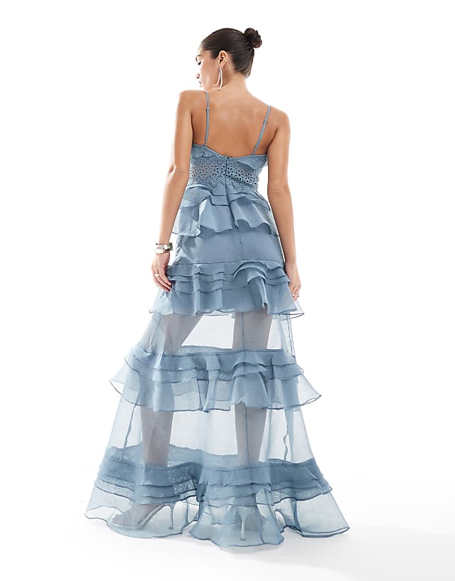 Asos True Decadence Plunge Front Tiered Ruffle Maxi-dress In Blue