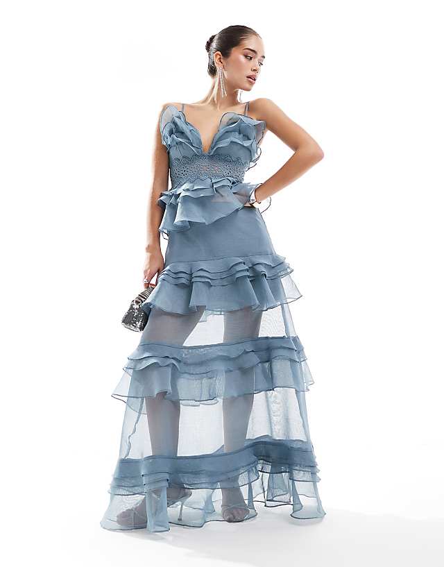 asos True Decadence Plunge front tiered ruffle maxi-dress in blue