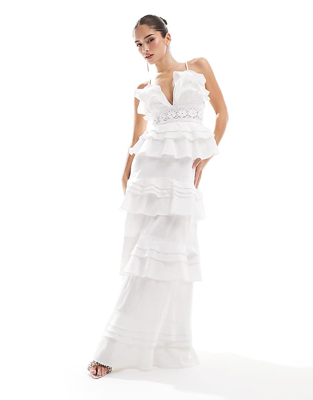 asos True Decadence Plunge front tiered ruffle maxi-dress in white