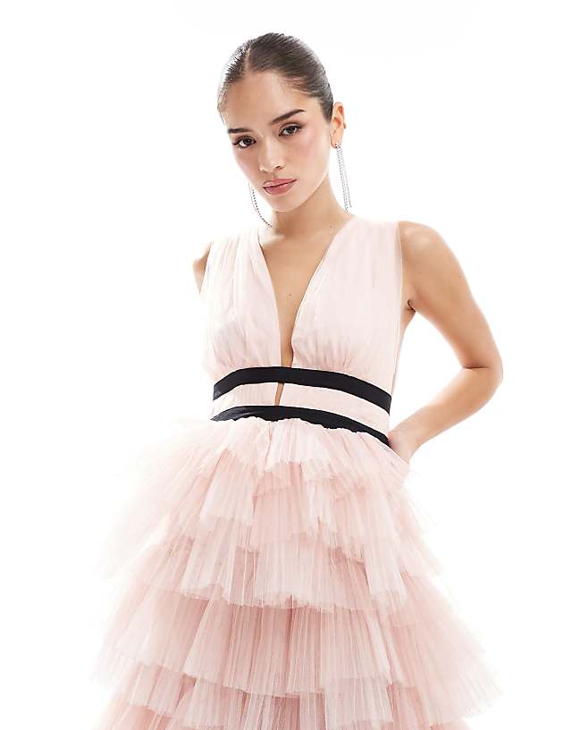 Asos True Decadence Plunge Front Tulle Layered Maxi Dress In Soft Nude
