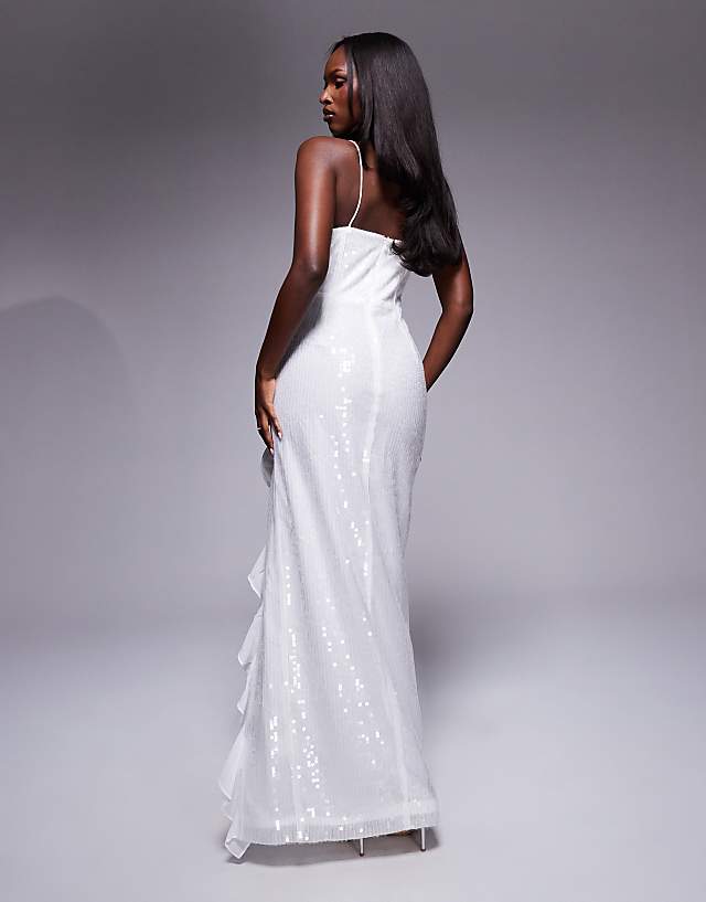 Asos True Decadence Ruffle Split Maxi Dress In White Translucent Sequin