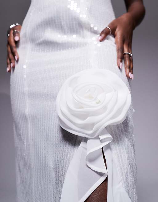Asos True Decadence Ruffle Split Maxi Dress In White Translucent Sequin