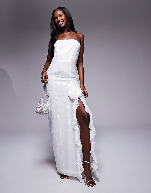 asos True Decadence Ruffle split maxi dress in white translucent sequin