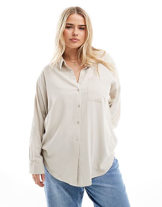 asos Vero Moda Curve linen blend long sleeve shirt and tapered trouser co-ord in sto