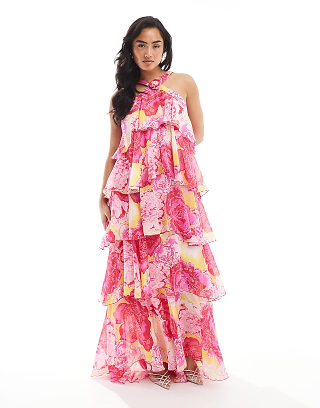 Asos Vero Moda Felicia Halter Neck Tiered Maxi Dress With Corsage Detail In Fuchsia Flower Print