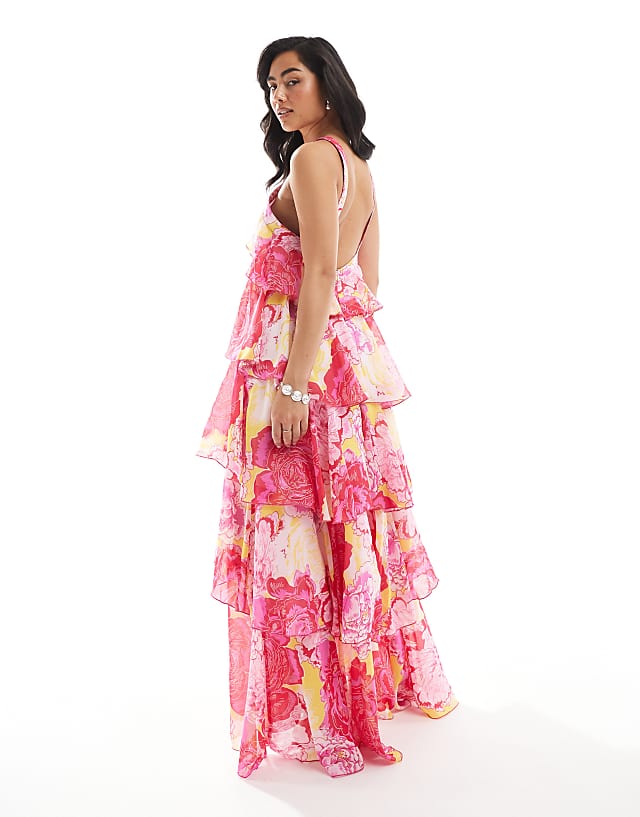 Asos Vero Moda Felicia Halter Neck Tiered Maxi Dress With Corsage Detail In Fuchsia Flower Print