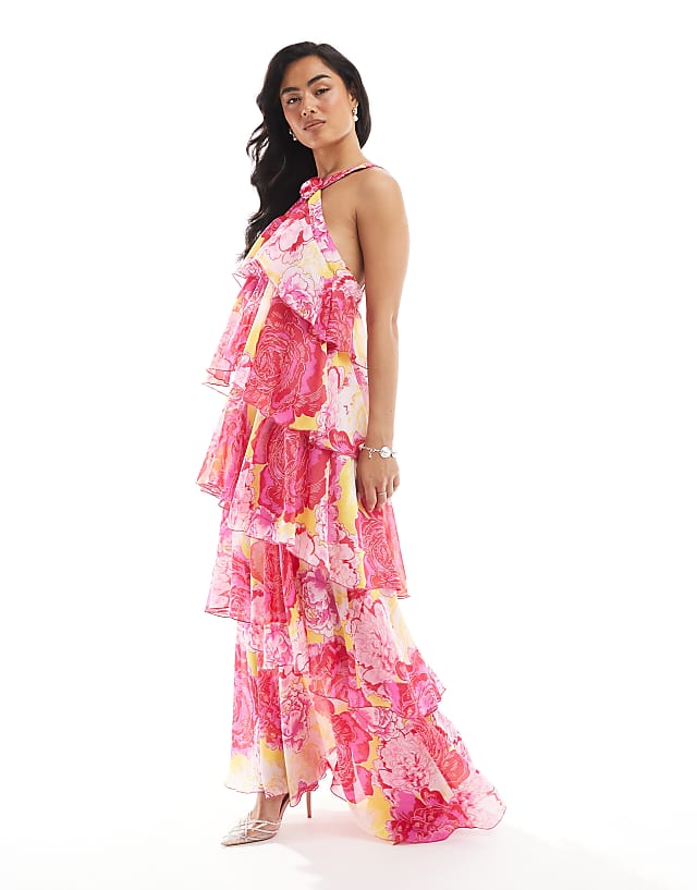 asos Vero Moda Felicia halter neck tiered maxi dress with corsage detail in fuchsia flower print