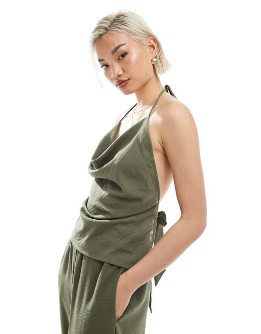 Asos Vero Moda Linen Look Cowl Neck Halter Top And High Waist Trousers Set In Herb Green