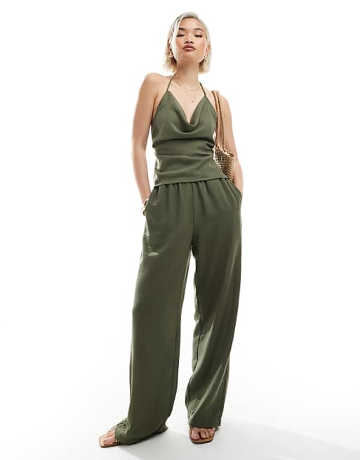 asos Vero Moda linen look cowl neck halter top and high waist trousers set in herb green