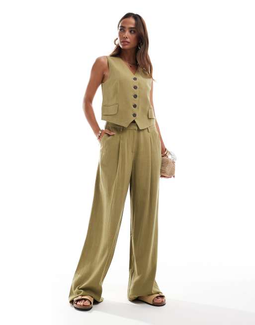 Asos Vero Moda Linen Touch Waistcoat And Pleat Front Trouser Co-ord In Olive