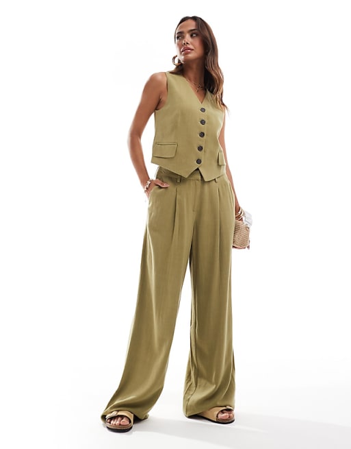 asos Vero Moda linen touch waistcoat and pleat front trouser co-ord in olive