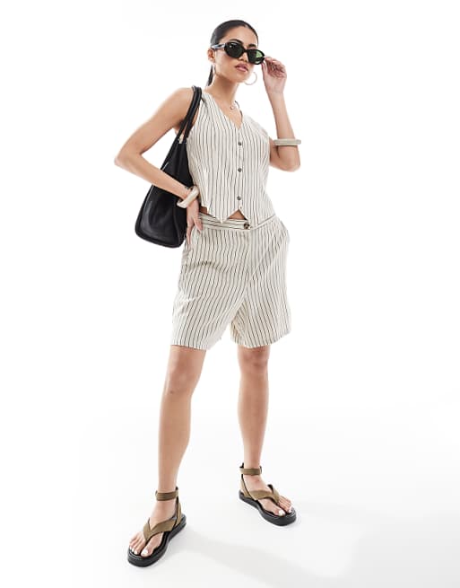 asos Vero Moda linen touch waistcoat and short co-ord in stone stripe