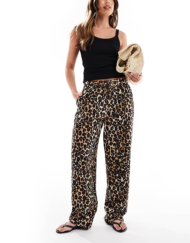 asos Vero Moda linen touch wide leg trousers in leopard print