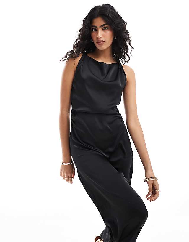 Asos Vero Moda Liquid Satin Drapey Sleeveless Maxi Dress In Black