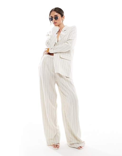Asos Vero Moda Mix And Match Linen Touch Oversized Tailoring Set In Oatmeal Stripe