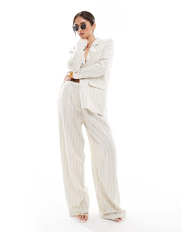 Asos Vero Moda Mix And Match Linen Touch Oversized Tailoring Set In Oatmeal Stripe