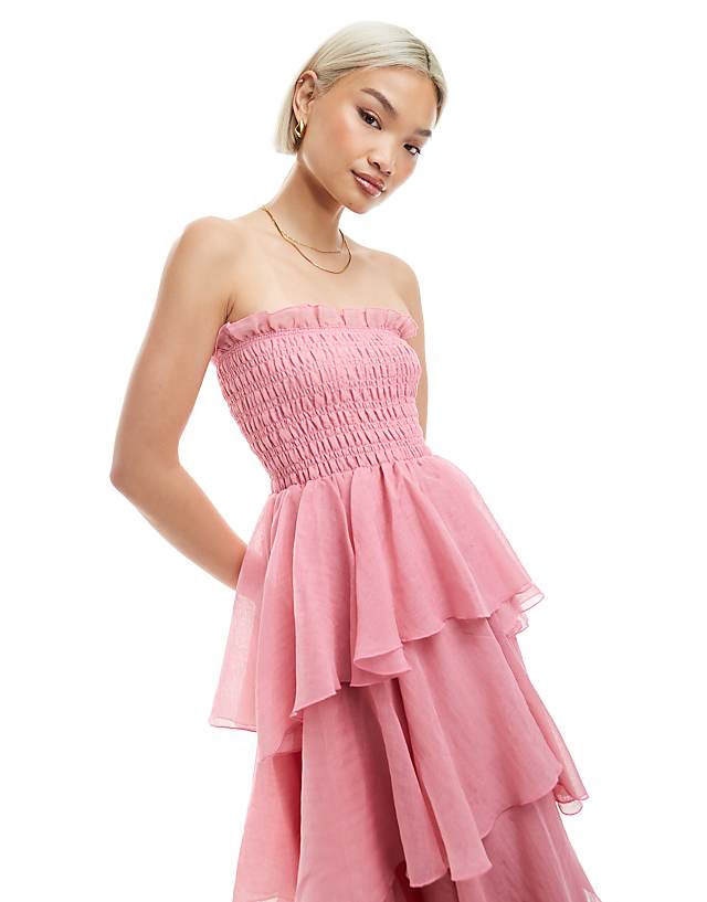Asos Vero Moda Shirred Bodice Tiered Ruffle Hem Maxi Dress In Pink