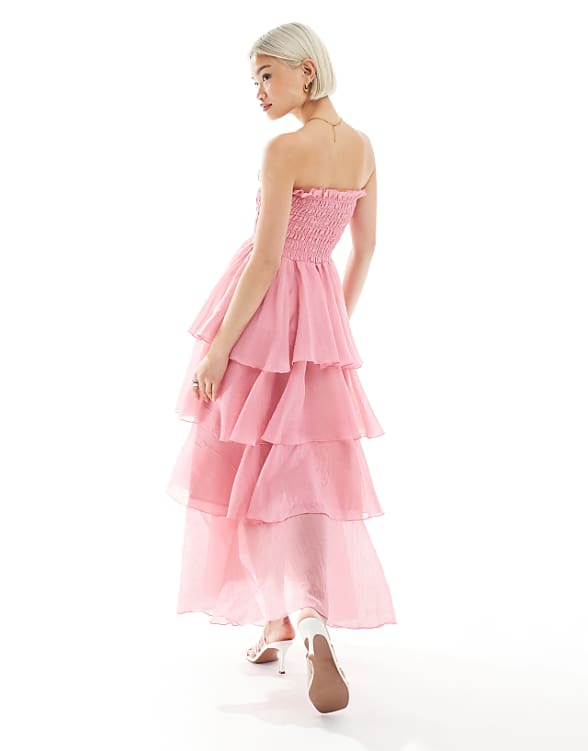 Asos Vero Moda Shirred Bodice Tiered Ruffle Hem Maxi Dress In Pink