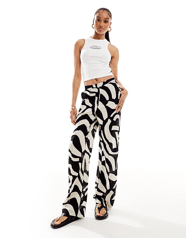 Asos Vero Moda Tall Linen Touch Wide Leg Trousers In Abstract Mono Print