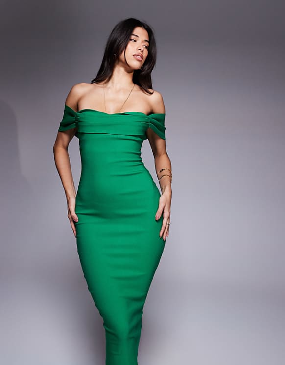 Asos Vesper Bengaline Bardot Off Shoulder Bodycon Midaxi Dress In Emerald