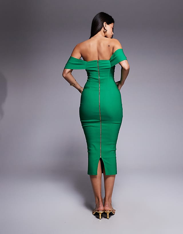 Asos Vesper Bengaline Bardot Off Shoulder Bodycon Midaxi Dress In Emerald