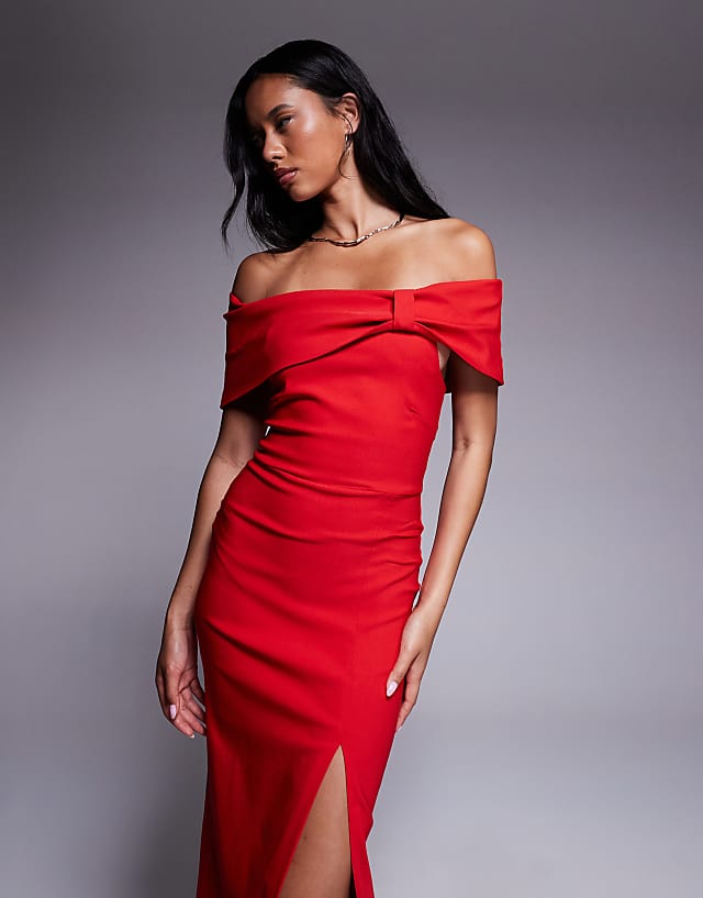 Asos Vesper Bengaline Deep Bardot Cinch Detail Side Split Maxi Dress In Red