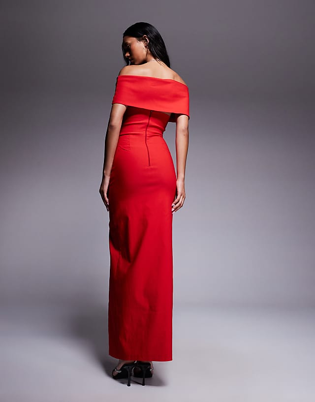 Asos Vesper Bengaline Deep Bardot Cinch Detail Side Split Maxi Dress In Red