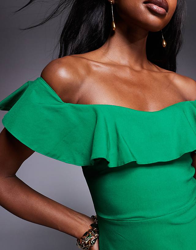 Asos Vesper Bengaline Frill Bardot Side Split Midi Dress In Emerald