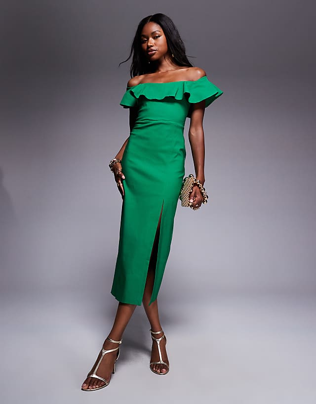asos Vesper bengaline frill bardot side split midi dress in emerald