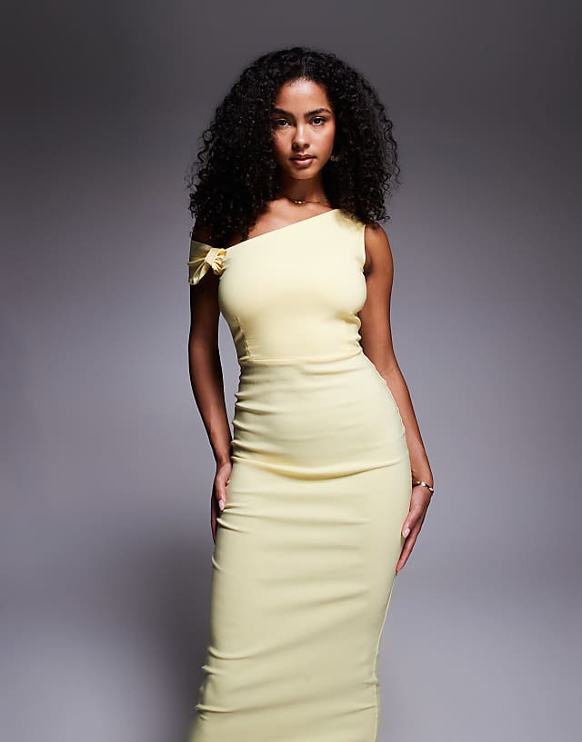 Asos Vesper Bengaline One Shoulder Knot Detail Maxi Bodycon Dress In Yellow