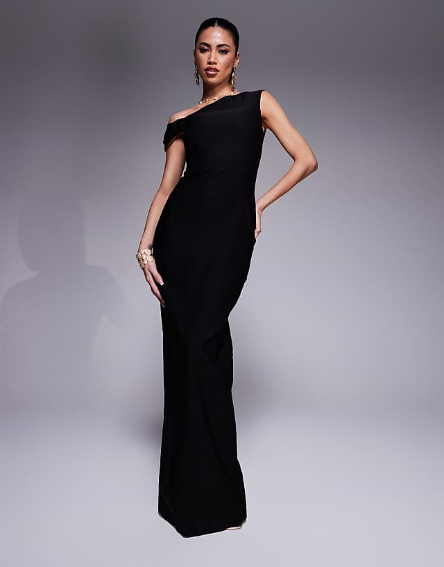 asos Vesper bengaline one shoulder knot detail maxi bodycon dress in black
