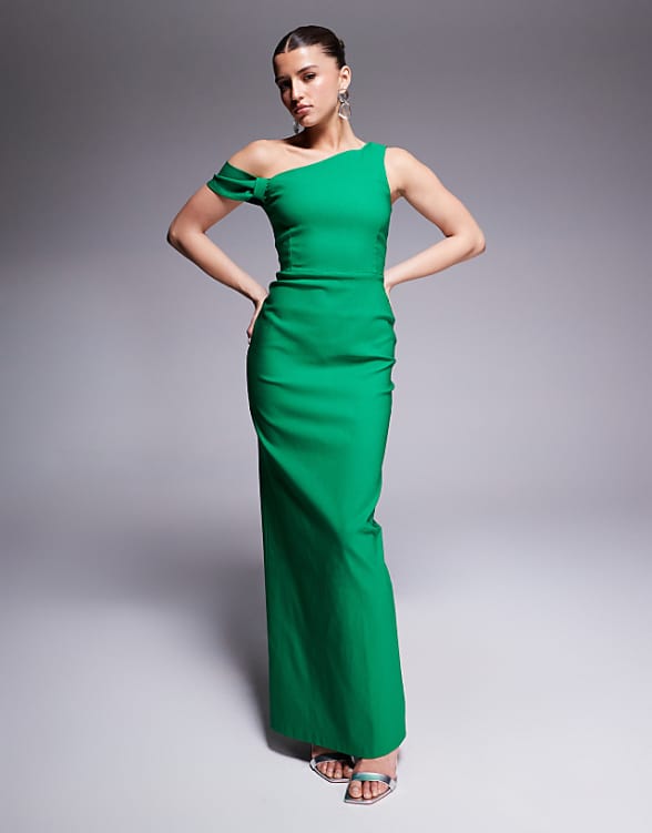asos Vesper bengaline one shoulder knot detail maxi bodycon dress in emerald