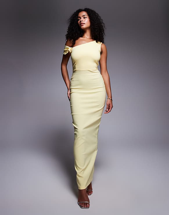asos Vesper bengaline one shoulder knot detail maxi bodycon dress in yellow