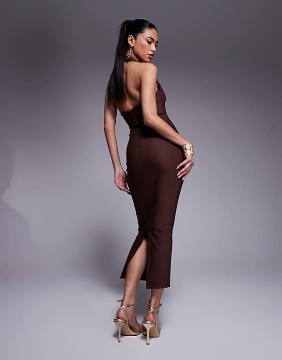 Asos Vesper Bengaline Scoop Neck Halterneck Bodycon Midaxi Dress In Chocolate
