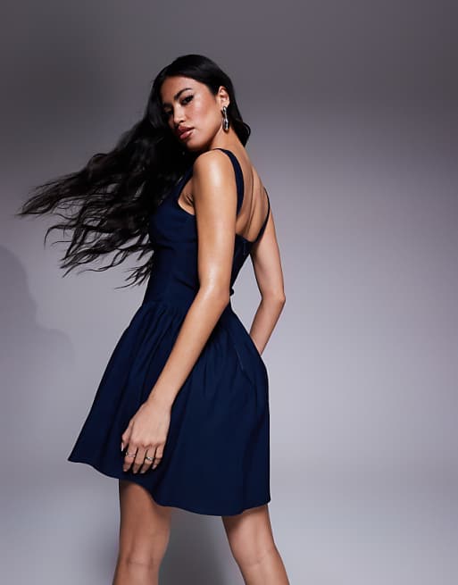 Asos Vesper Bengaline Square Neck Skater Mini Dress In Navy